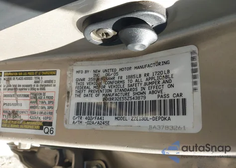 2005 Toyota Corolla Ce из США, поврежденный, VIN 1NXBR32E55Z543879